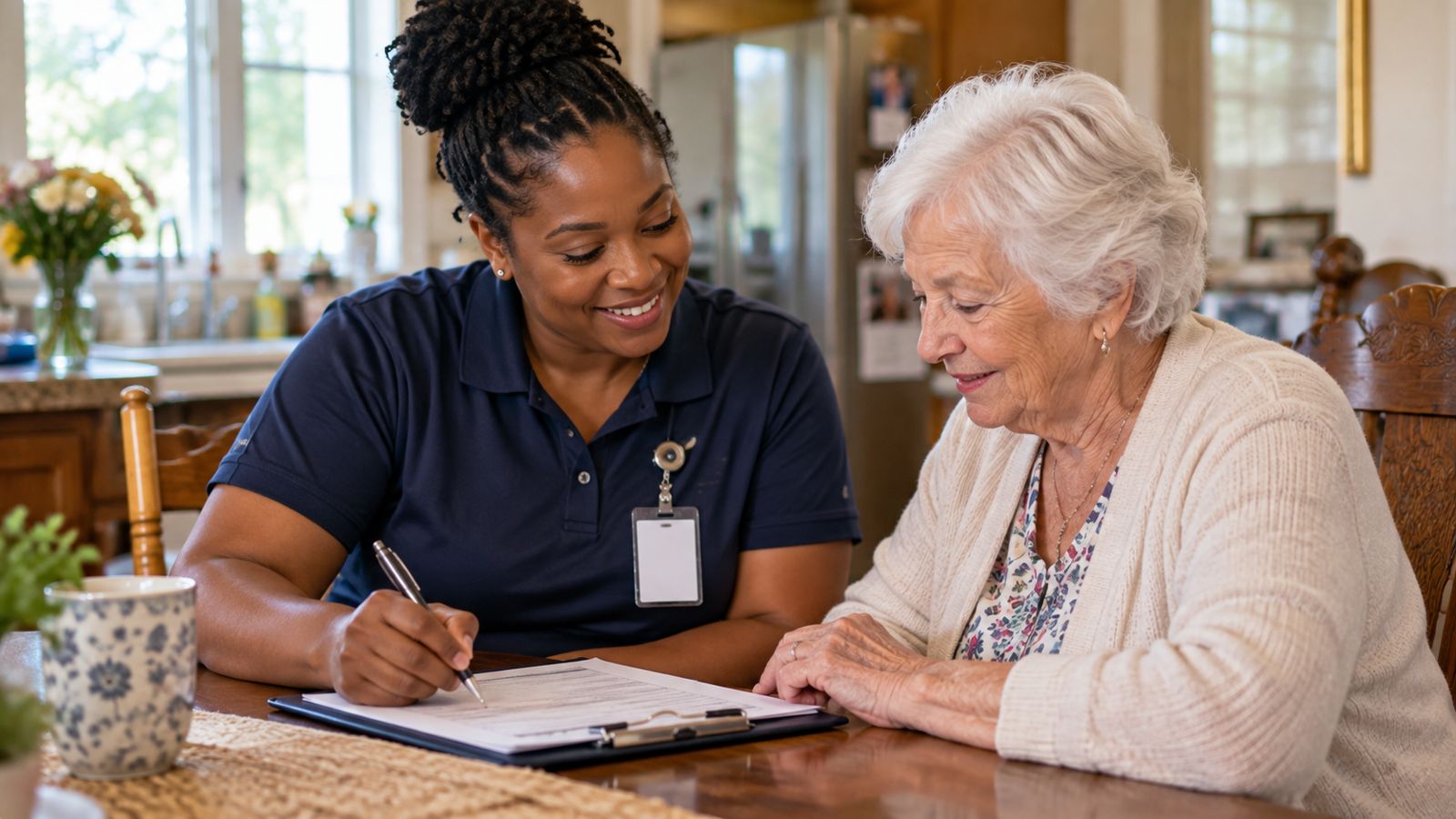 A caregiver reviewing a care plan on a clipboard with an older woman at her kitchen table