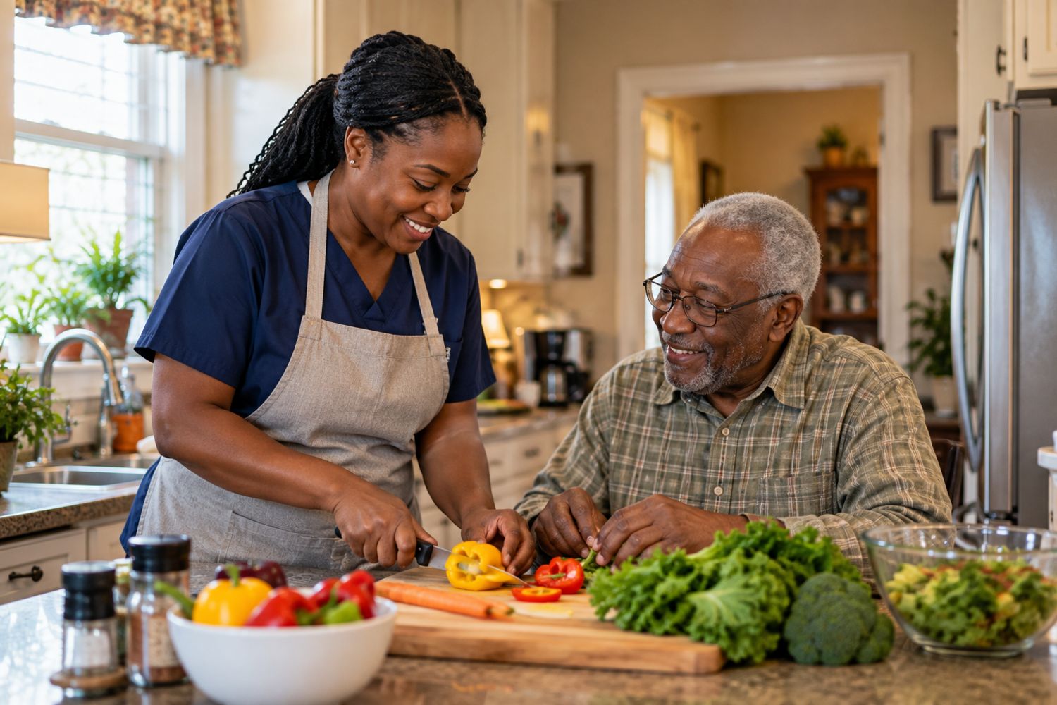 A caregiver and an older man preparing vegetables together in his kitchen