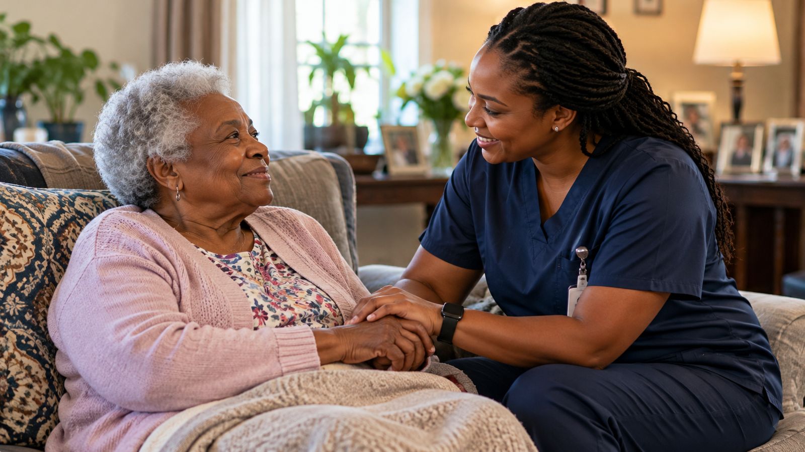 A caregiver holding the hands of an older woman on her couch