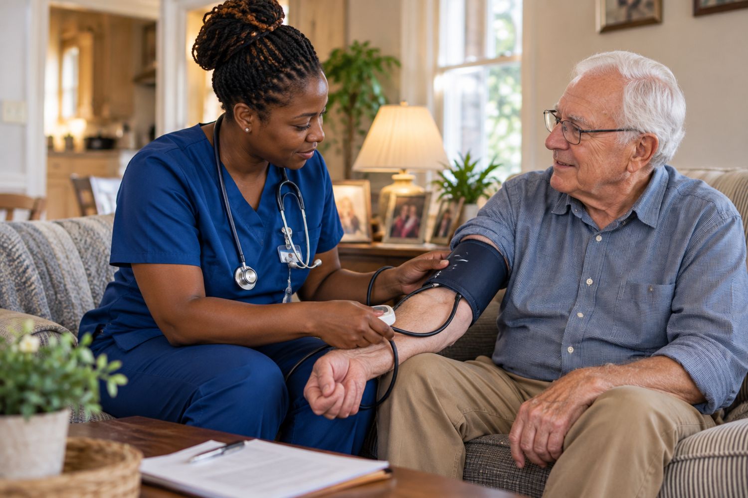A nurse checking an older man’s blood pressure in his living room